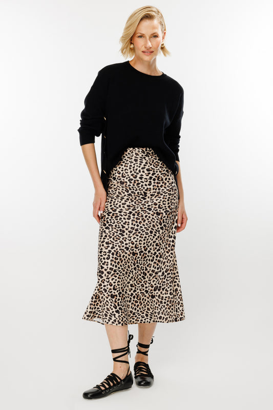 On Kadın Midi Leopar Desenli Saten Etek - Günlük & Şık
