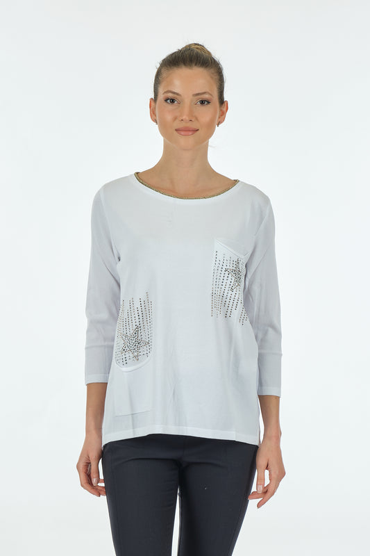 Twomail Minimalist Oversize 3/4 Kol Kadın Bluz - Cep Detaylı