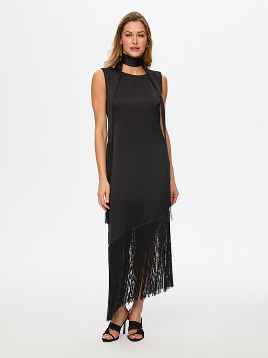 Püskül Etek Ve Fular Detaylı Kolsuz Krep Abiye Elbise Faik Sönmez