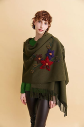 Kadın Örgü Çiçek İşlemeli Püsküllü Şal Desen