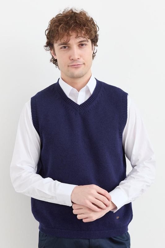 Erkek V Yaka Kalın Klasik Yün Süveter Desen