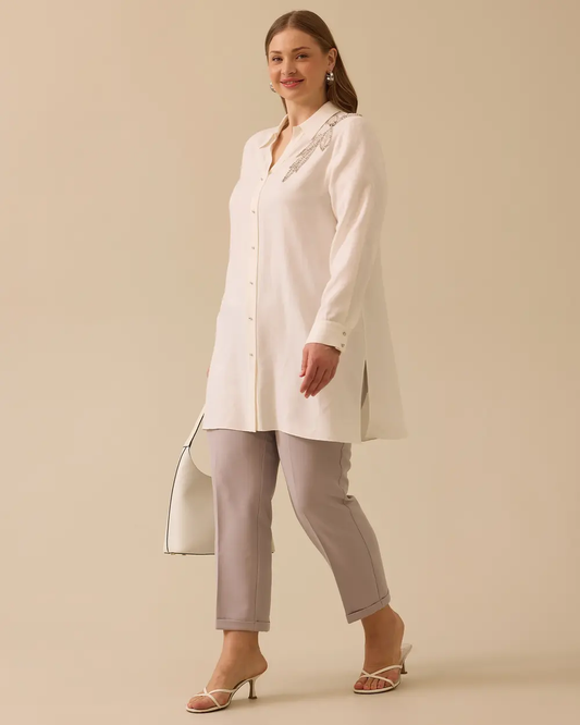 Büyük Beden Boncuk İşlemeli Düğmeli Tunik Gala-Xi