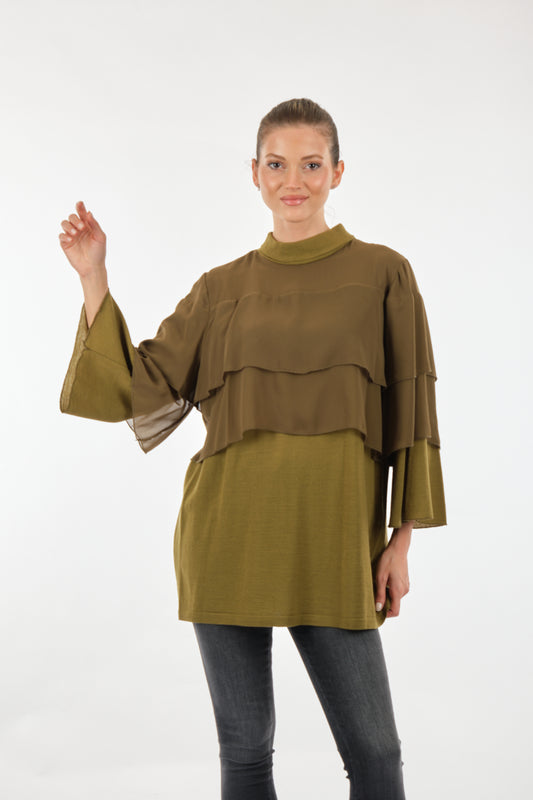 Twomail Katlı Detaylı Şifon Tunik - Oversize Midi Günlük Kadın
