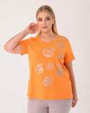 Vedi Büyük Beden Bisiklet Yaka Kısa Kollu Baskı Ve İnci Detaylı Kadın T-Shirt 25YXD5014