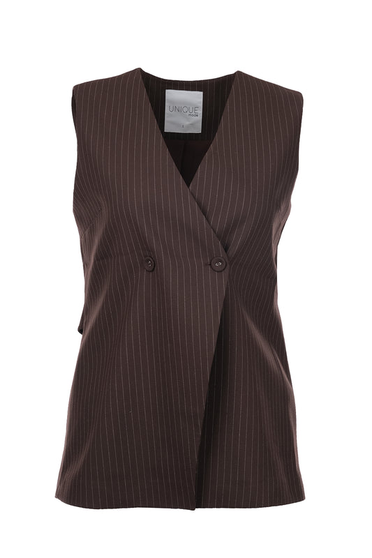 Unique Mode Minimalist V Yaka Kolsuz Midi Yelek - Çizgili