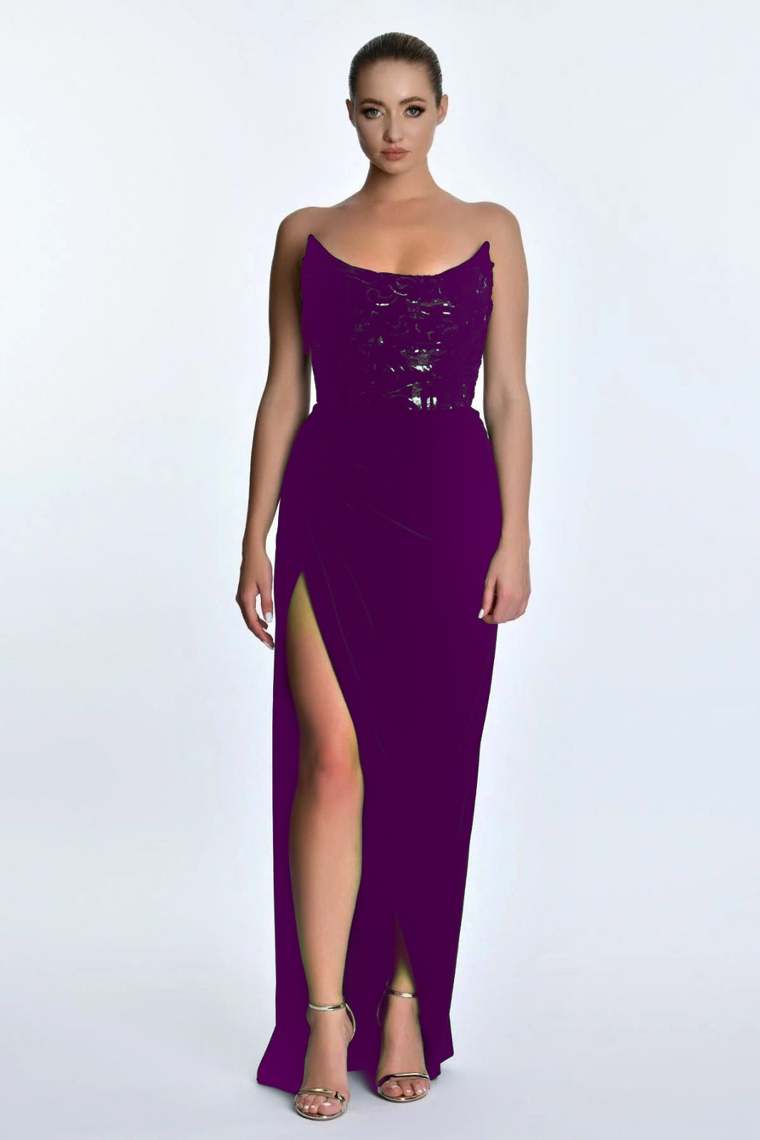 Alfa Beta Straplez Pul Detaylı Derin Yırtmaçlı Maxi Boy Kadın Abiye 2125793 İkincil görsel