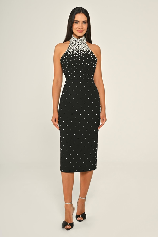 Halter Yaka Boncuklu Krep Midi Abiye Elbise Alfa Beta B7028