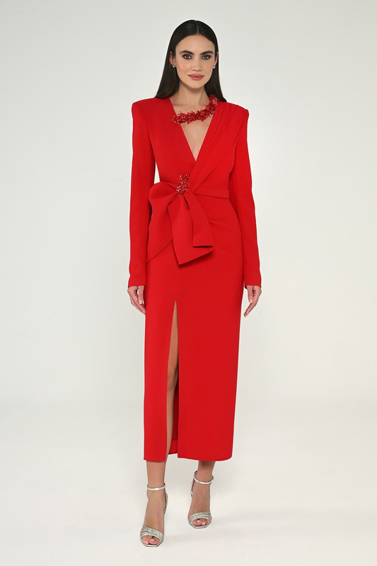 Alfa Beta Uzun Kollu Vatkalı V  Midi Abiye Elbise 40-2 Kırmızı