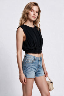 Blange Kadın Bisiklet Yaka Kolsuz Lastik Belli Crop Bluz Dökümlü Kumaş
