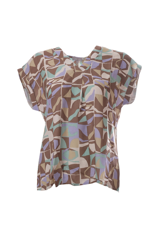 Canel V Yaka Kısa Kol Oversize Minimalist Kadın Bluz - Geometrik Desen