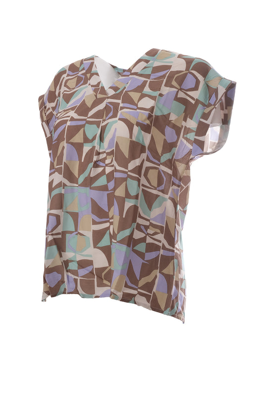 Canel V Yaka Kısa Kol Oversize Minimalist Kadın Bluz - Geometrik Desen