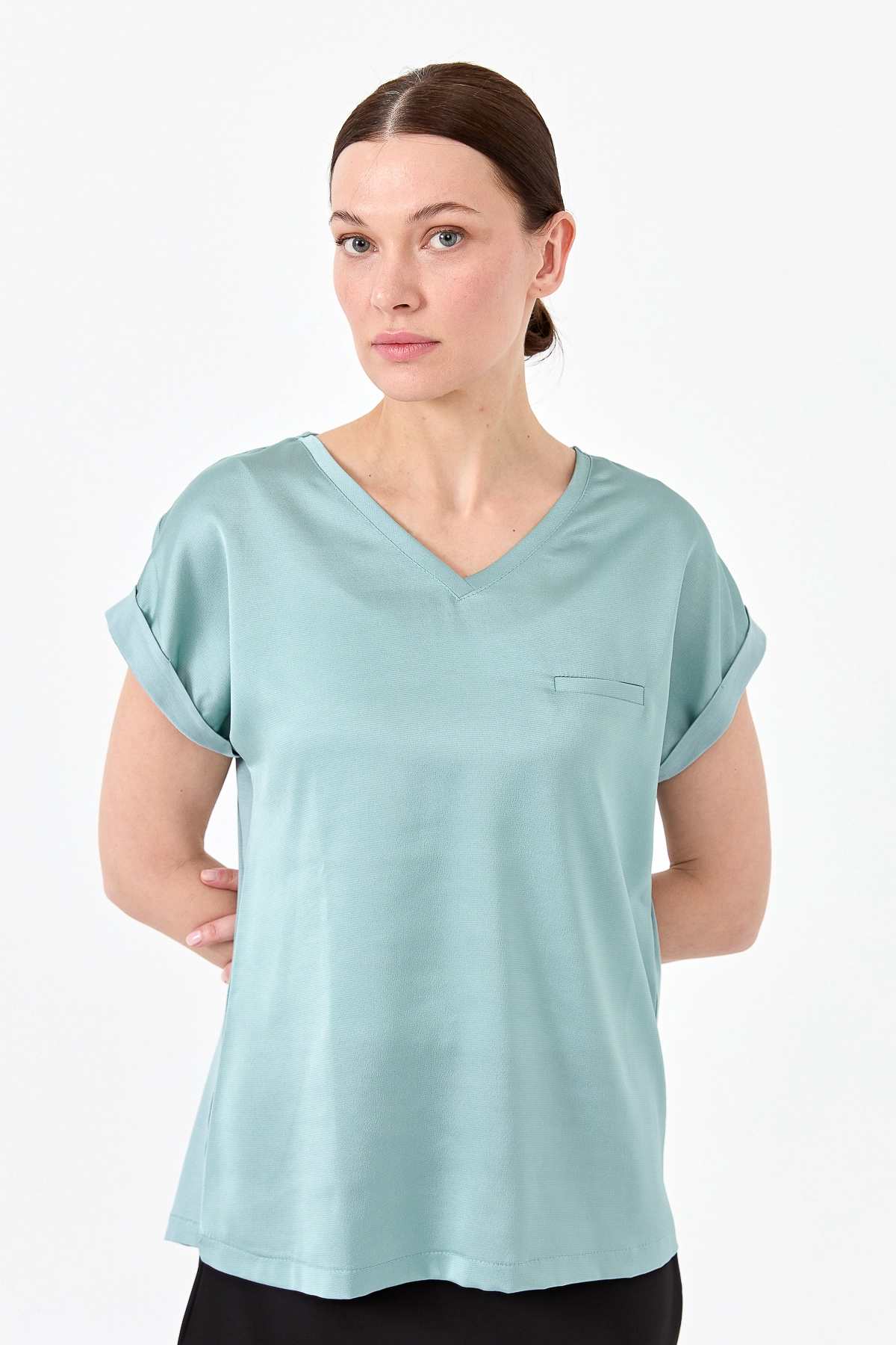 Desen Minimalist V Yaka Kısa Kol Oversize Kadın Bluz - Günlük Şıklık Translation missing: tr.content.product_image_main