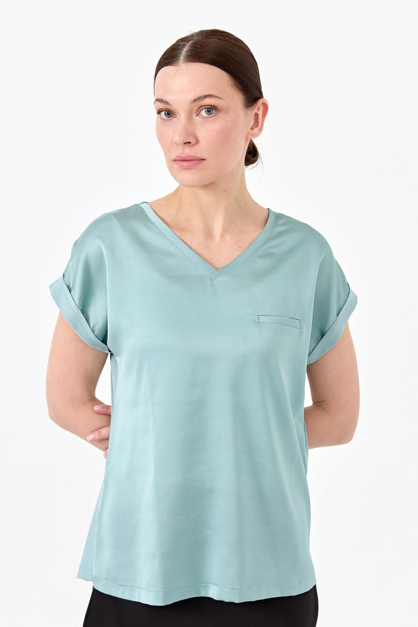 Desen Minimalist V Yaka Kısa Kol Oversize Kadın Bluz - Günlük Şıklık