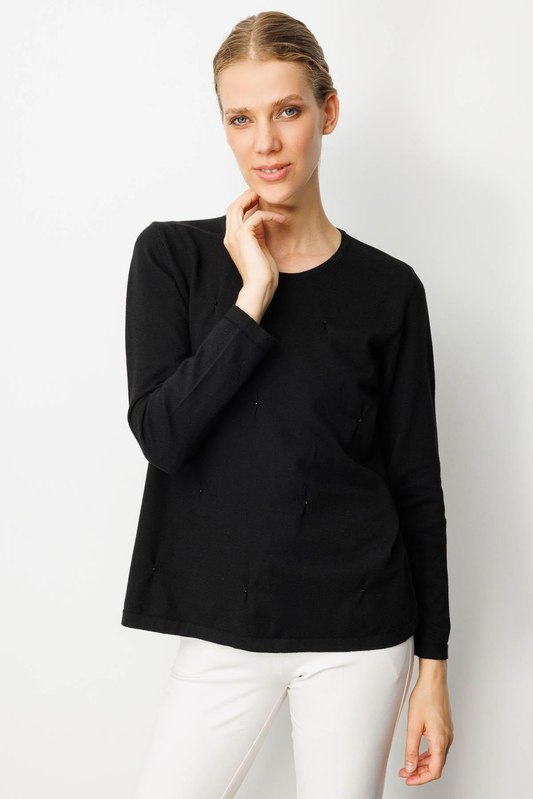 Kadın Sıfır Yaka Önü Pileli Boncuklu Ligralı Bluz Desen