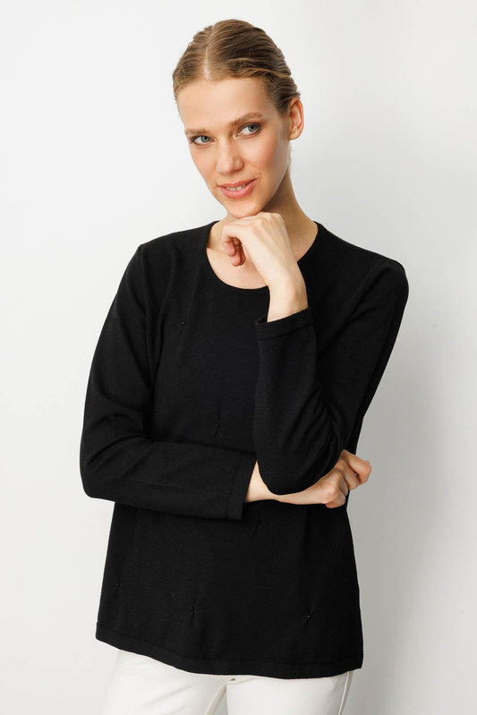 Kadın Sıfır Yaka Önü Pileli Boncuklu Ligralı Bluz Desen