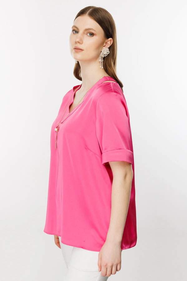 Ekol Oversize V Yaka Kadın Bluz - Minimalist Saten Günlük Bluz