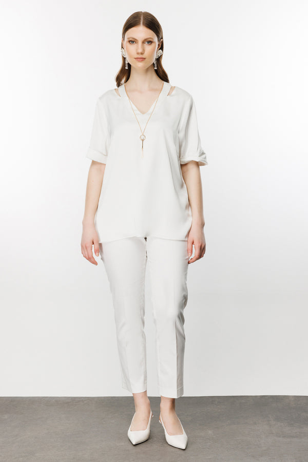 Ekol Oversize V Yaka Kadın Bluz - Minimalist Saten Günlük Bluz