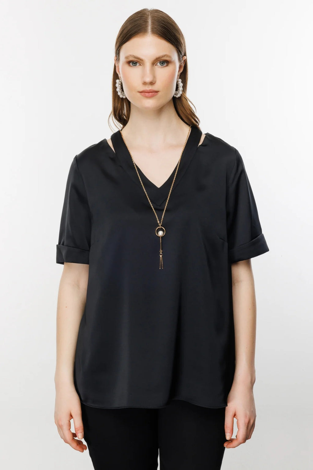 Ekol Oversize V Yaka Kadın Bluz - Minimalist Saten Günlük Bluz