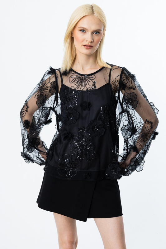 Ekol İç Atletli Pul Çiçek İşlemeli Blu