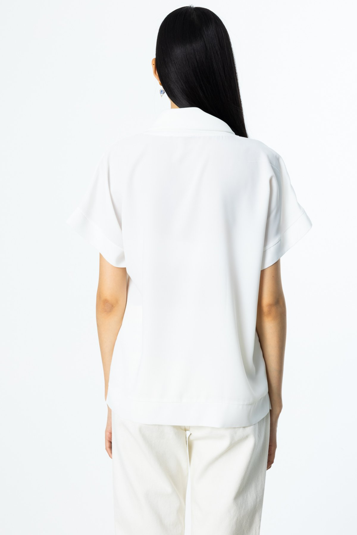 On Minimalist Oversize Kapak Yaka Kısa Kol Kadın Bluz - Günlük Stil