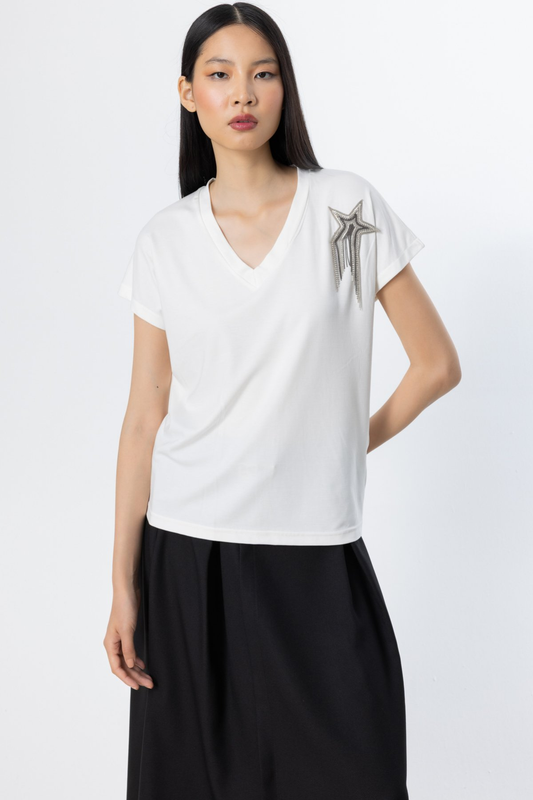 On Zincirli Yıldız Detaylı V Yaka Bluz