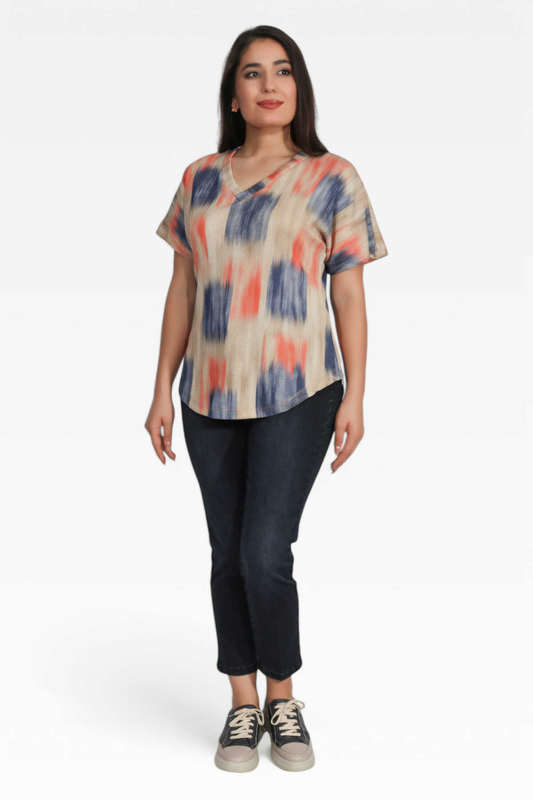 V YAKA DÜŞÜK KOL RAHAT KESİM DESENLİ TRİKO