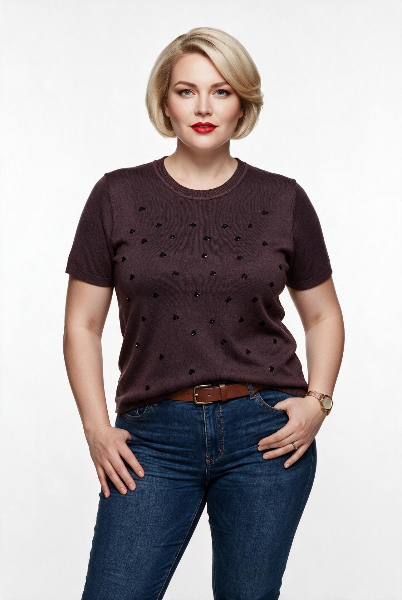 Vedi-bb Kadın Büyük Beden Bisiklet Yaka Kısa Kollu Kalp İşlemeli Örme Bluz İkincil görsel