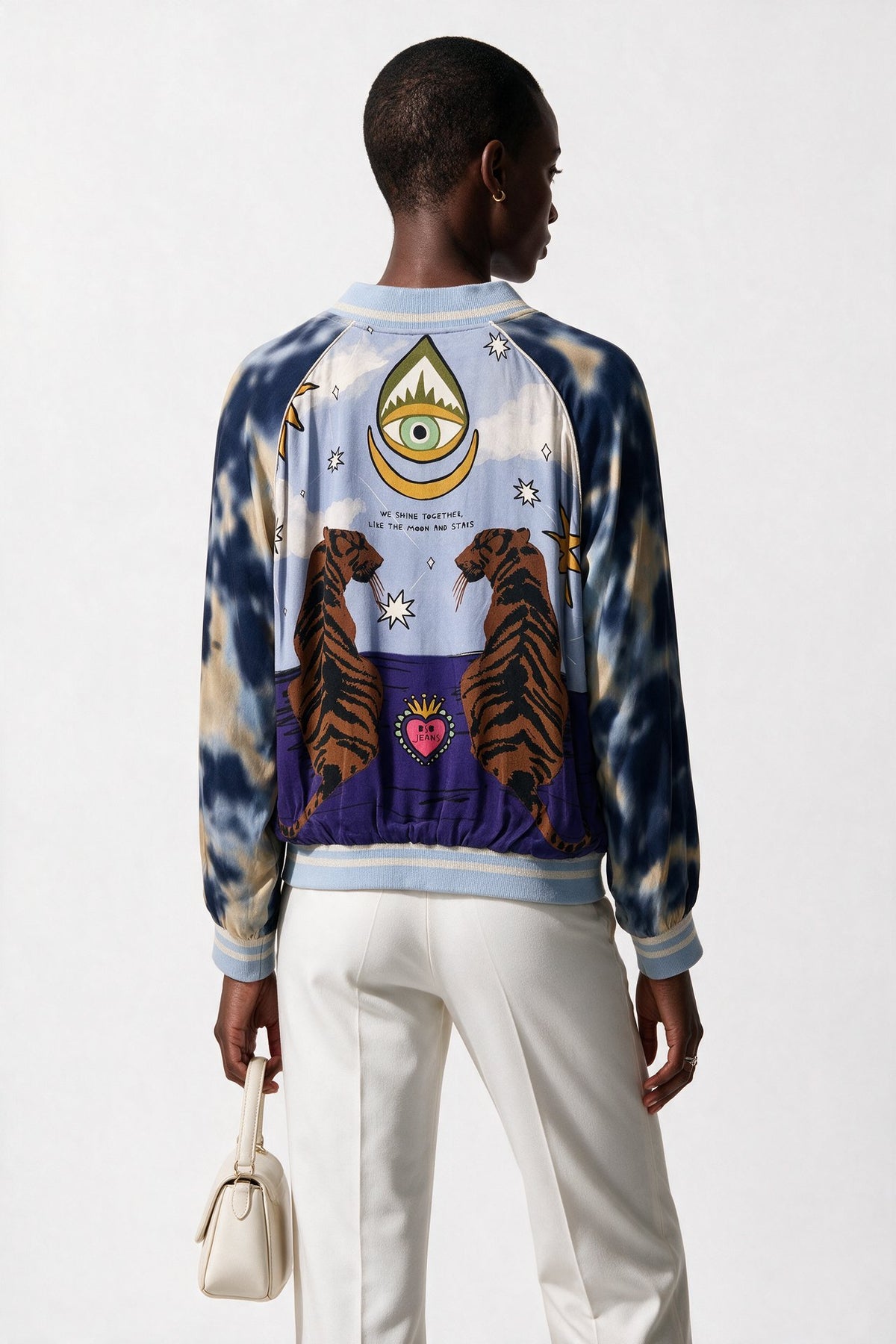 Bsb Kadın 2024 Yaz Koleksiyonu Batik Desenli Reglan Kol Fermuarlı Ribanalı Bomber Ceket Yan Cepli
