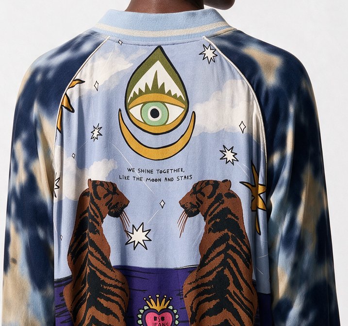 Bsb Kadın 2024 Yaz Koleksiyonu Batik Desenli Reglan Kol Fermuarlı Ribanalı Bomber Ceket Yan Cepli