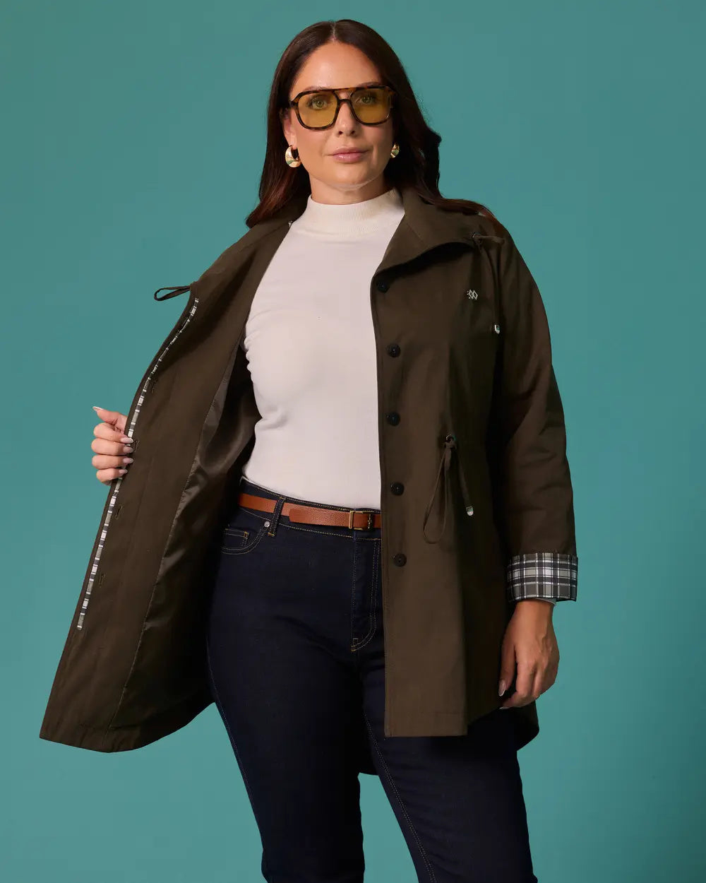 Büyük Beden Ekose Manşet Detaylı Beli Bügzülü Trençkot GALA-Xİ