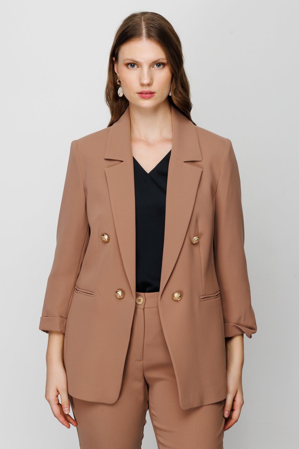 Ekol Minimalist 3/4 Kol Çift Düğmeli Kadın Blazer Ceket - Günlük & Ofis Translation missing: tr.content.product_image_main