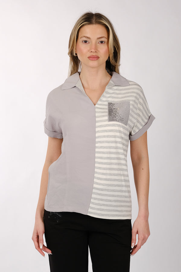 Daido Minimalist Kısa Kol V Yaka Çizgili Kadın T-Shirt - Günlük Kullanım
