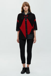 Daido Oversize Kapüşonlu 3/4 Kol Kadın Hırka - Geometrik Desen