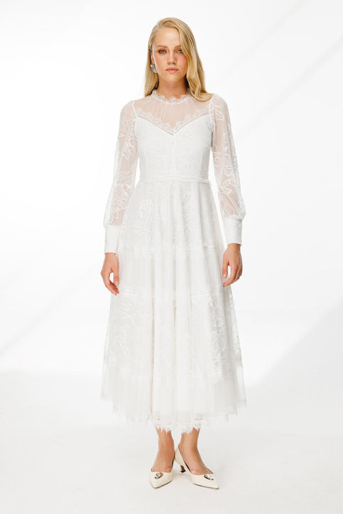 Dantel Detay Bej Astarlı Maxi Boy Abiye Elbise Nefeli 38