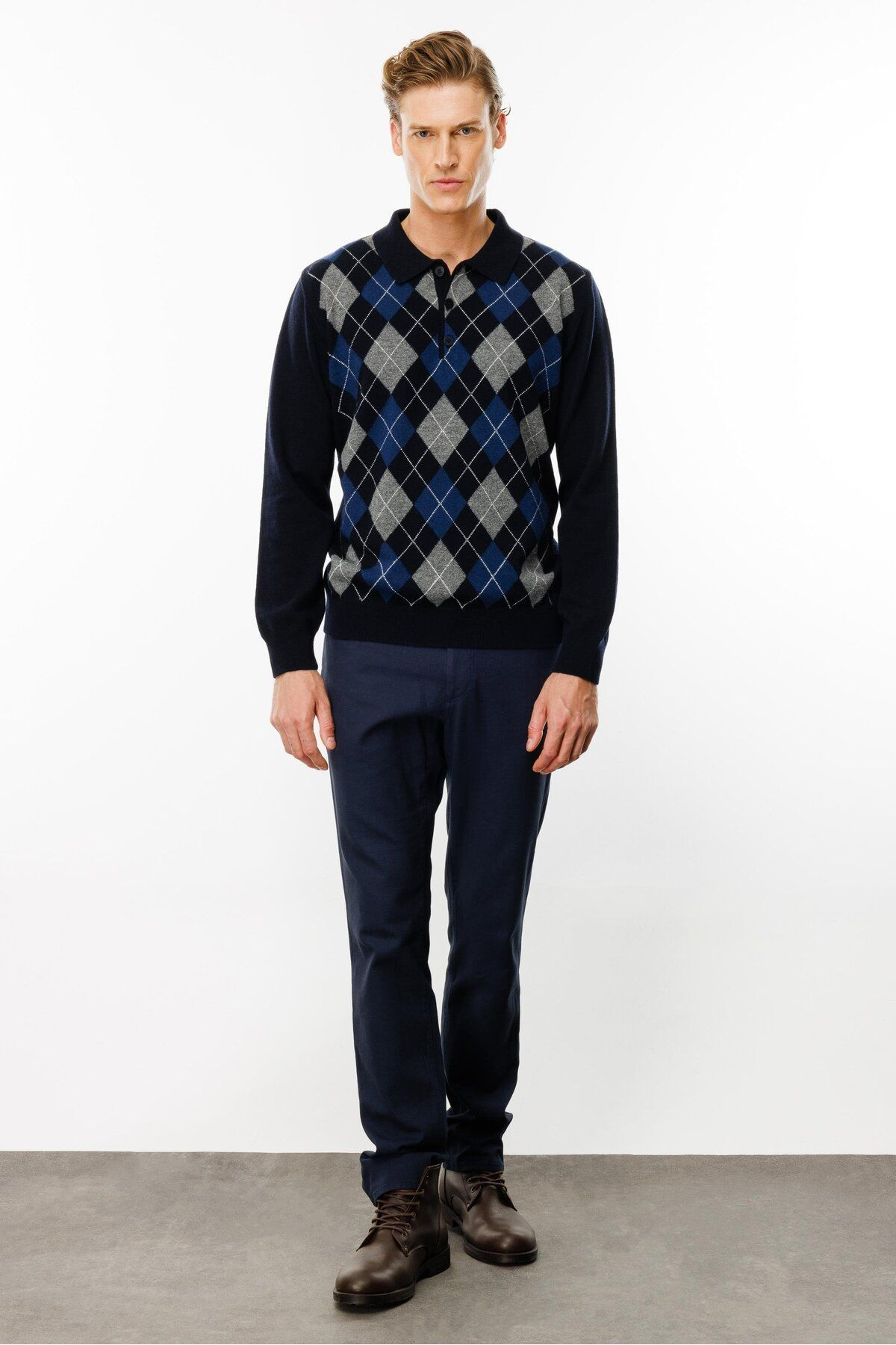 Desen Erkek Uzun Kol Polo Yaka Kazak - Minimalist Argyle Desen