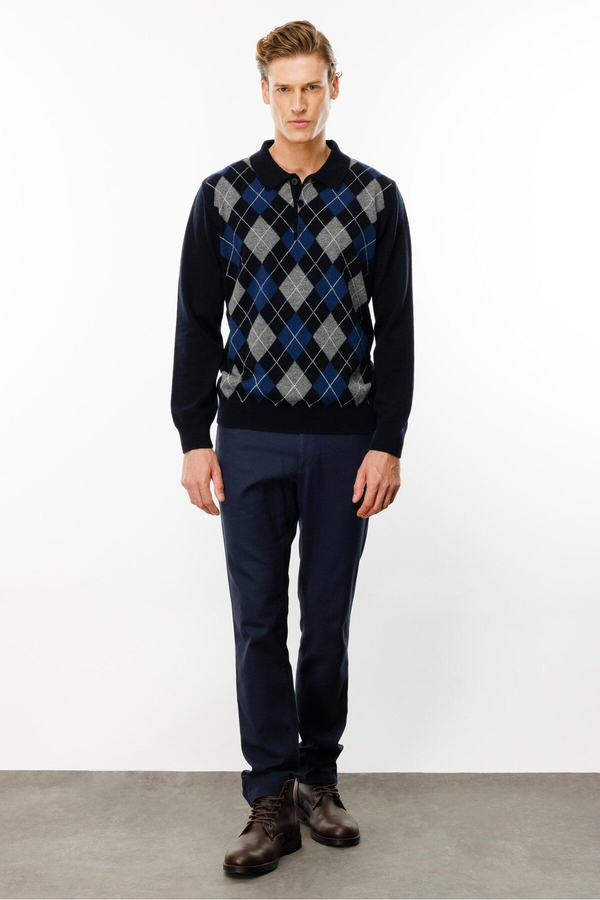 Desen Erkek Uzun Kol Polo Yaka Kazak - Minimalist Argyle Desen