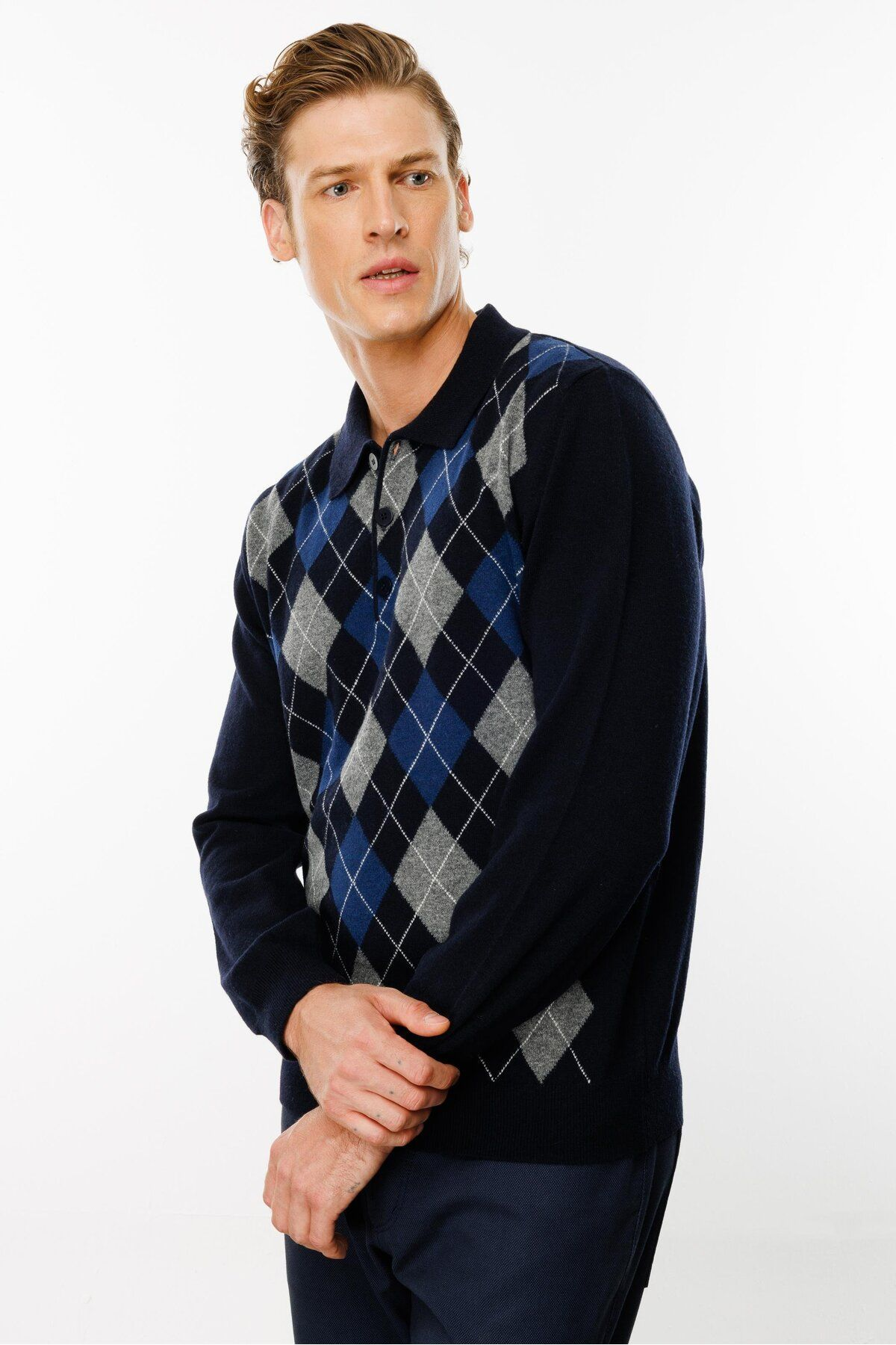 Desen Erkek Uzun Kol Polo Yaka Kazak - Minimalist Argyle Desen Translation missing: tr.content.product_image_secondary