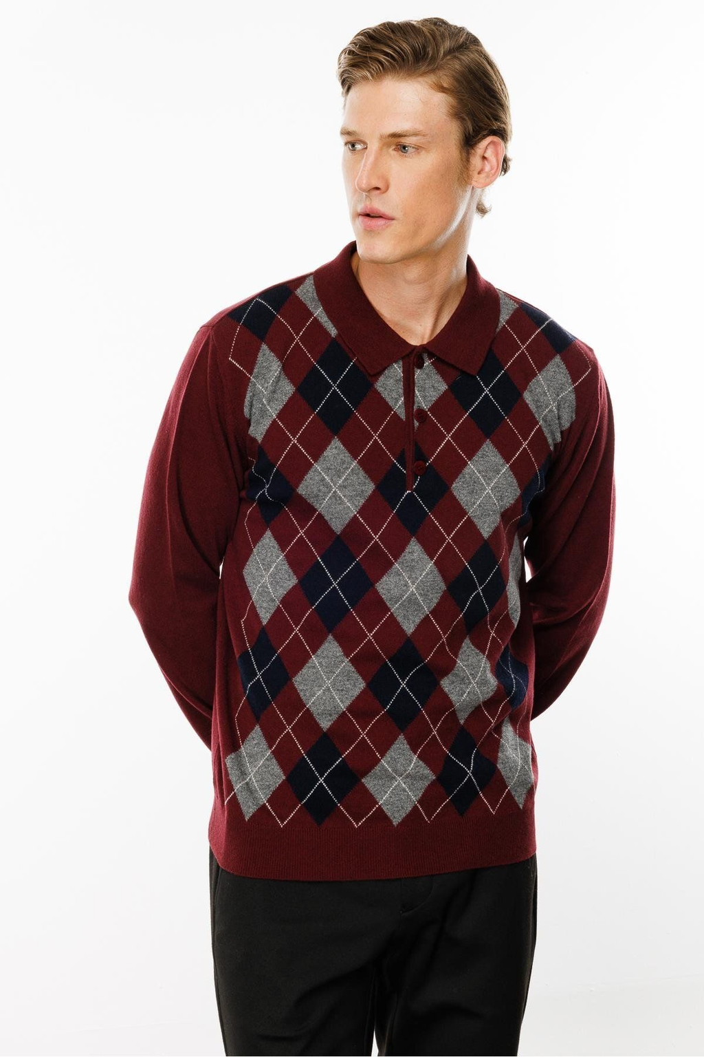 Desen Erkek Uzun Kol Polo Yaka Kazak - Minimalist Argyle Desen
