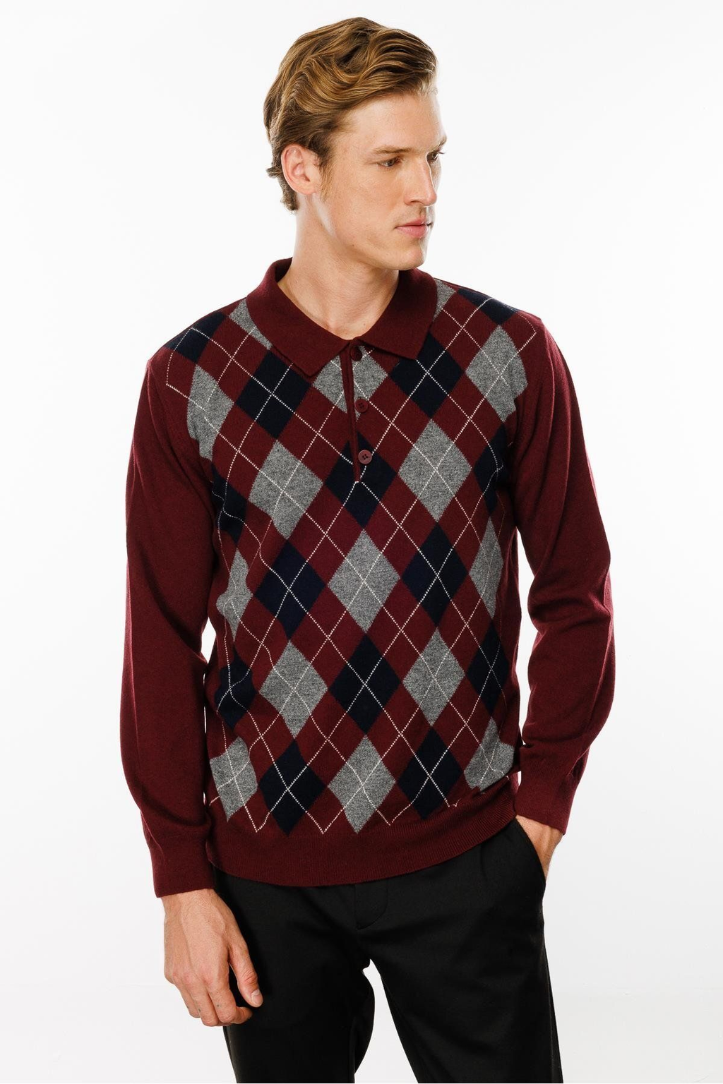 Desen Erkek Uzun Kol Polo Yaka Kazak - Minimalist Argyle Desen