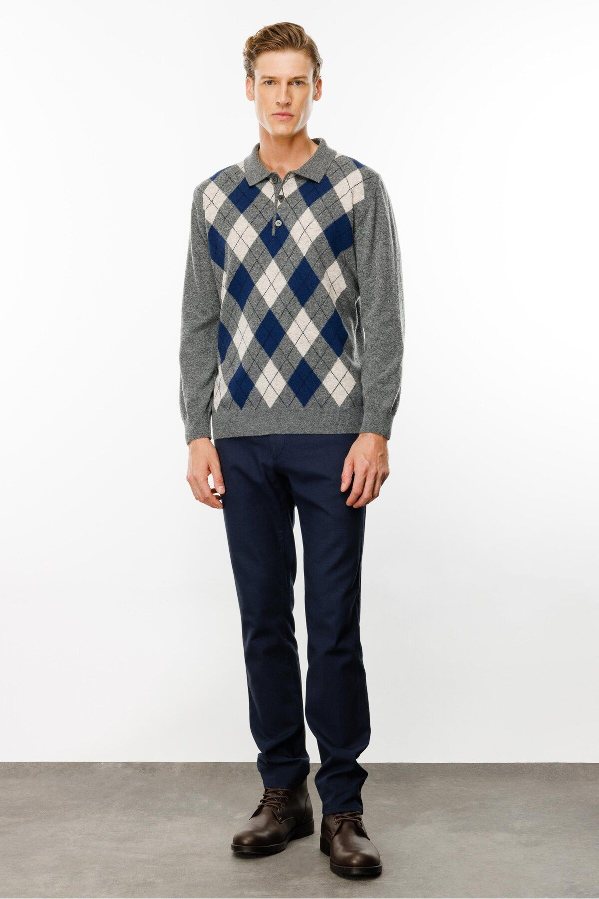 Desen Erkek Uzun Kol Polo Yaka Kazak - Minimalist Argyle Desen