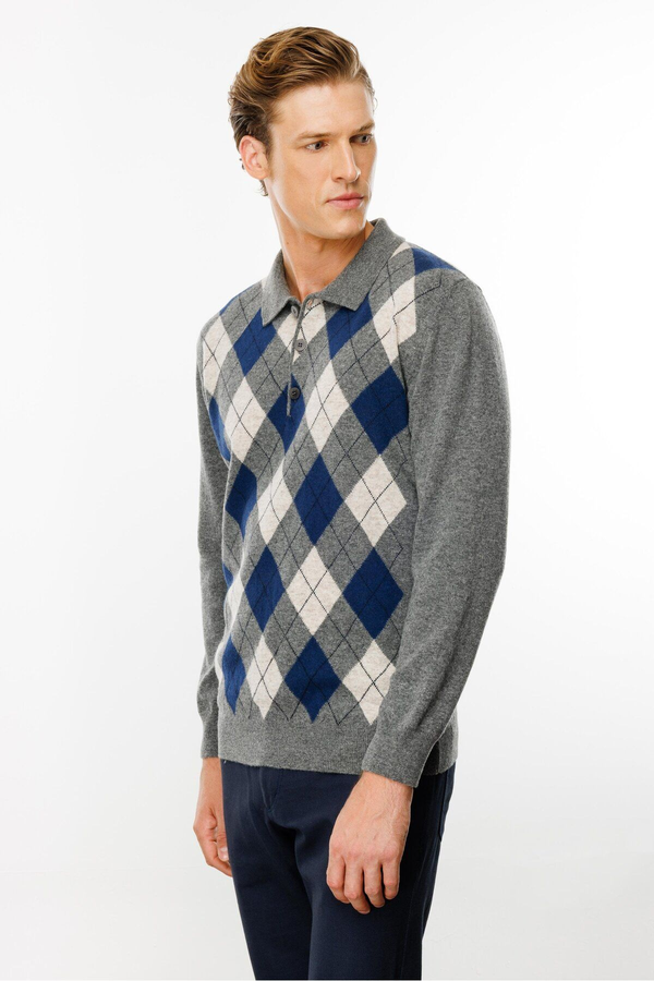 Desen Erkek Uzun Kol Polo Yaka Kazak - Minimalist Argyle Desen