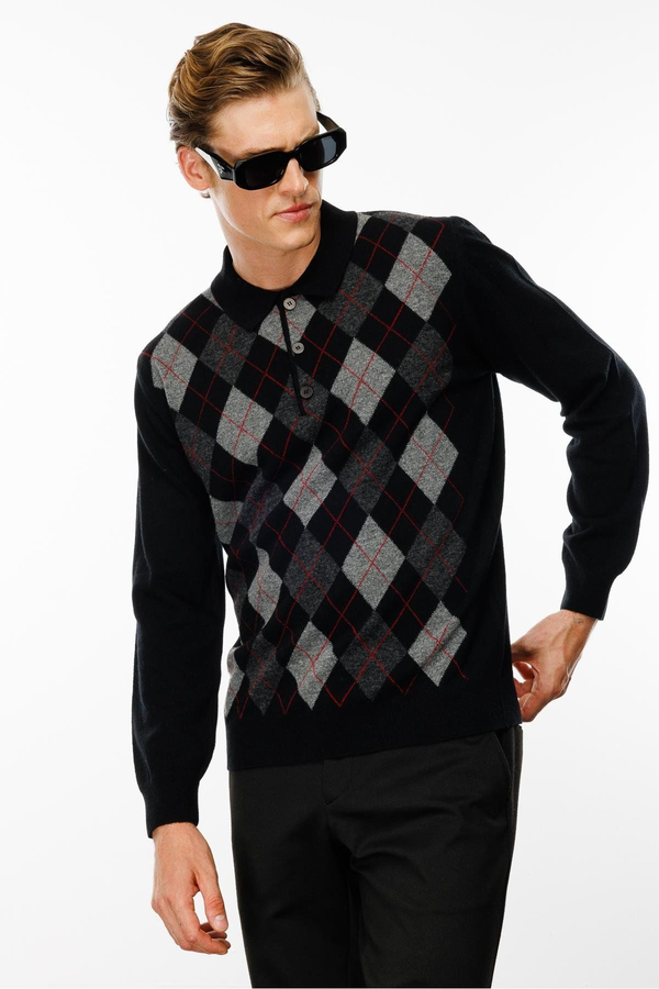 Desen Erkek Uzun Kol Polo Yaka Kazak - Minimalist Argyle Desen