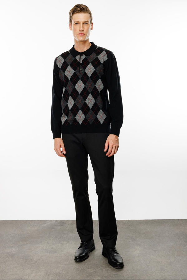 Desen Erkek Uzun Kol Polo Yaka Kazak - Minimalist Argyle Desen