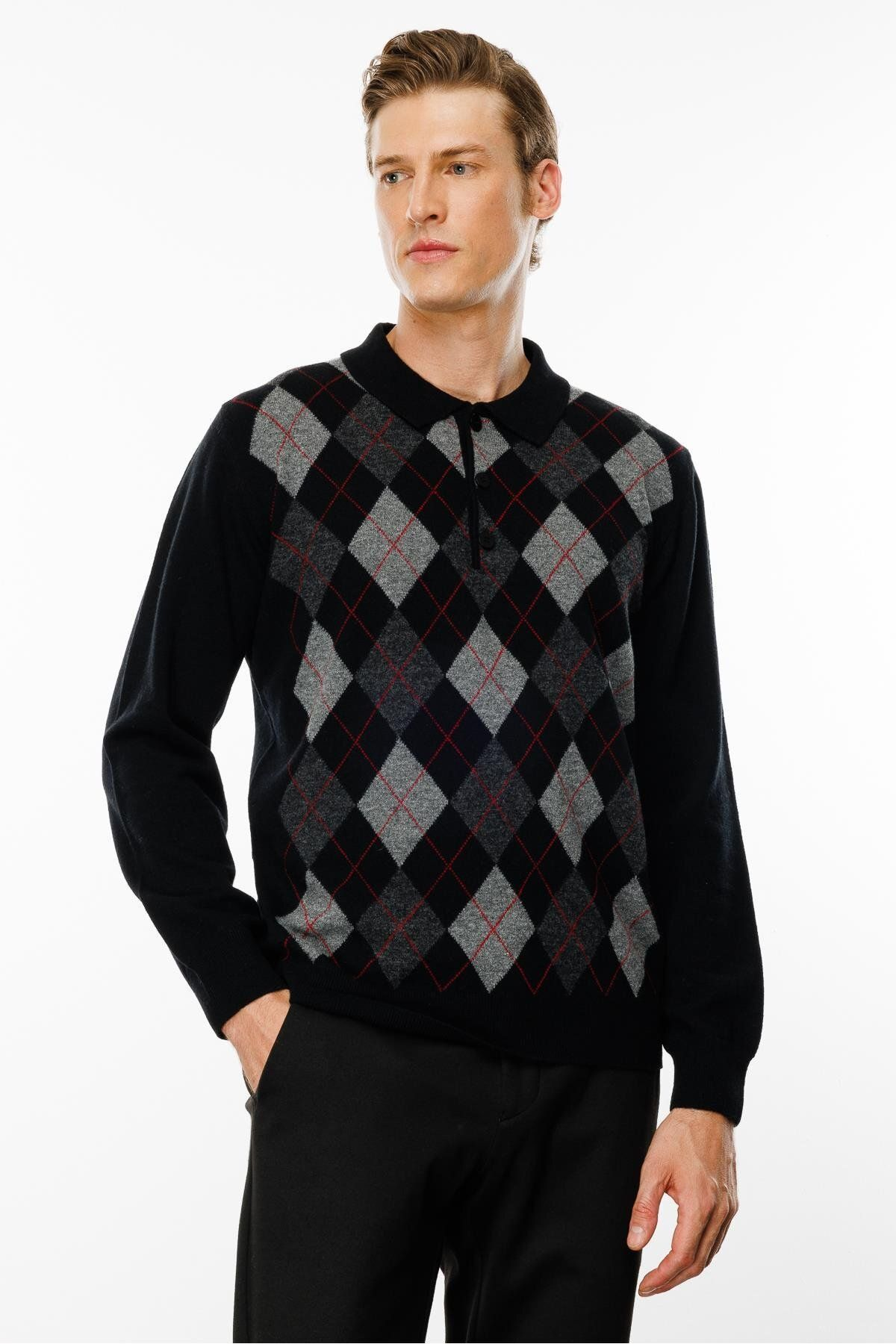 Desen Erkek Uzun Kol Polo Yaka Kazak - Minimalist Argyle Desen