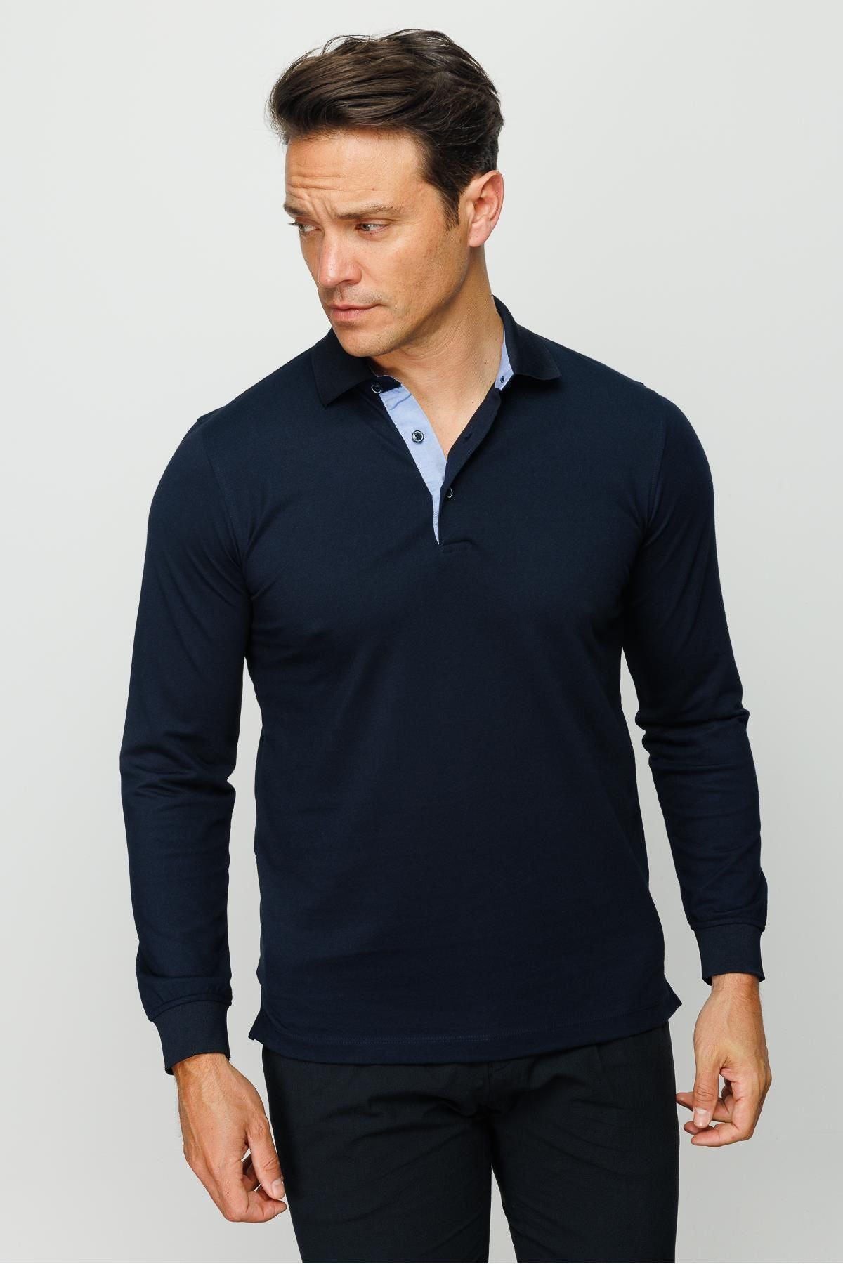 Desen Minimalist Uzun Kol Polo Yaka Erkek Sweatshirt - Rahat ve Şık