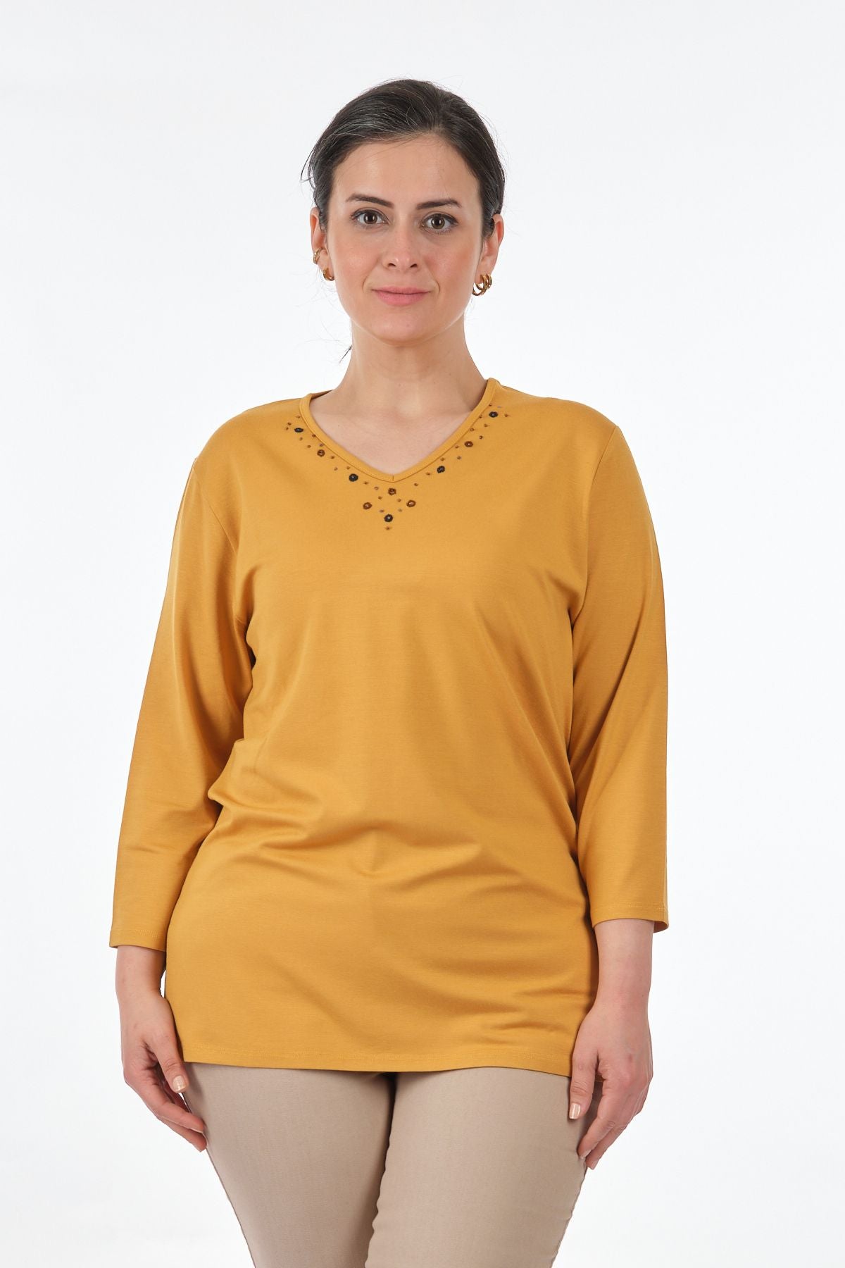 Desen Oversize V Yaka 3/4 Kol Kadın Bluz - Minimalist Tarz Translation missing: tr.content.product_image_secondary