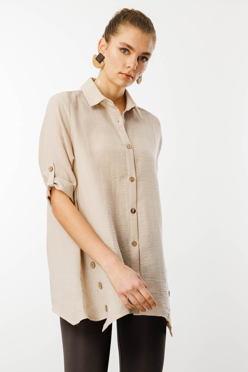 Desen Oversize Keten Gömlek - Minimalist 3/4 Kol