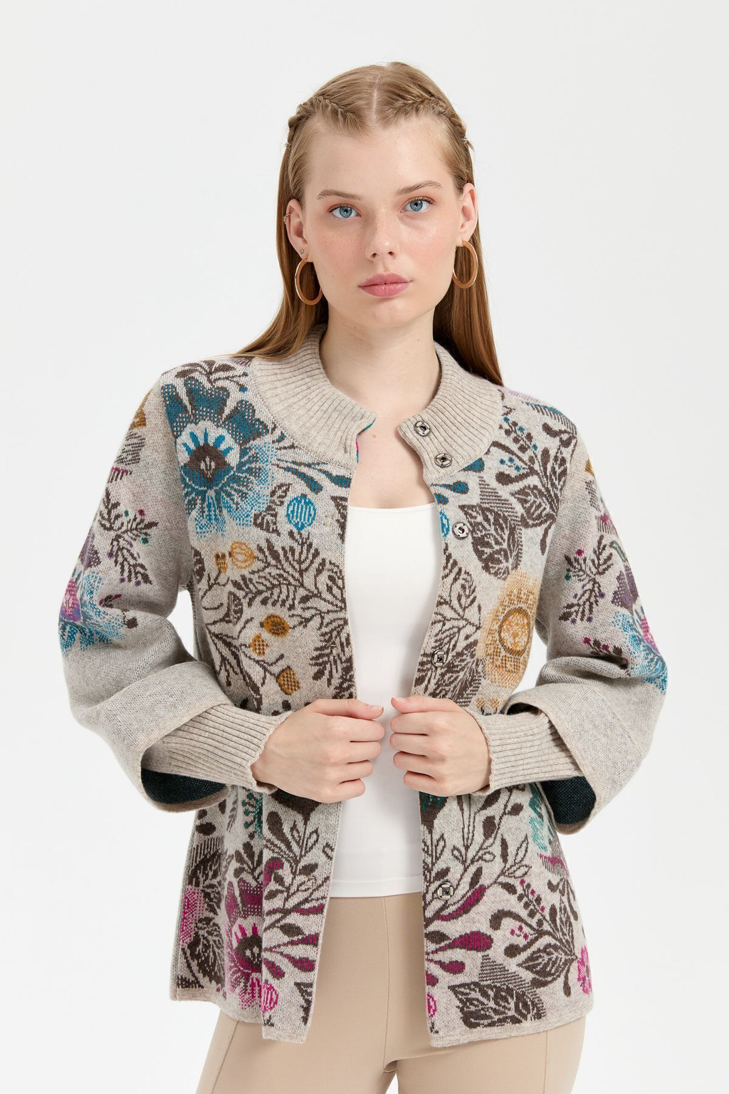 Desen Kadın Oversize Midi Kaban - Çiçek Desenli, Boğazlı, Uzun Kol