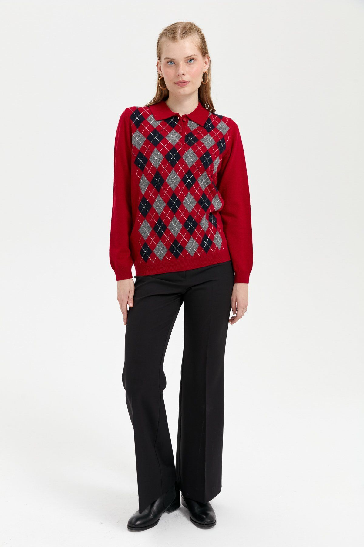 Desen Kadın Kazak - Polo Yaka Uzun Kol Minimalist Argyle Desen Translation missing: tr.content.product_image_secondary