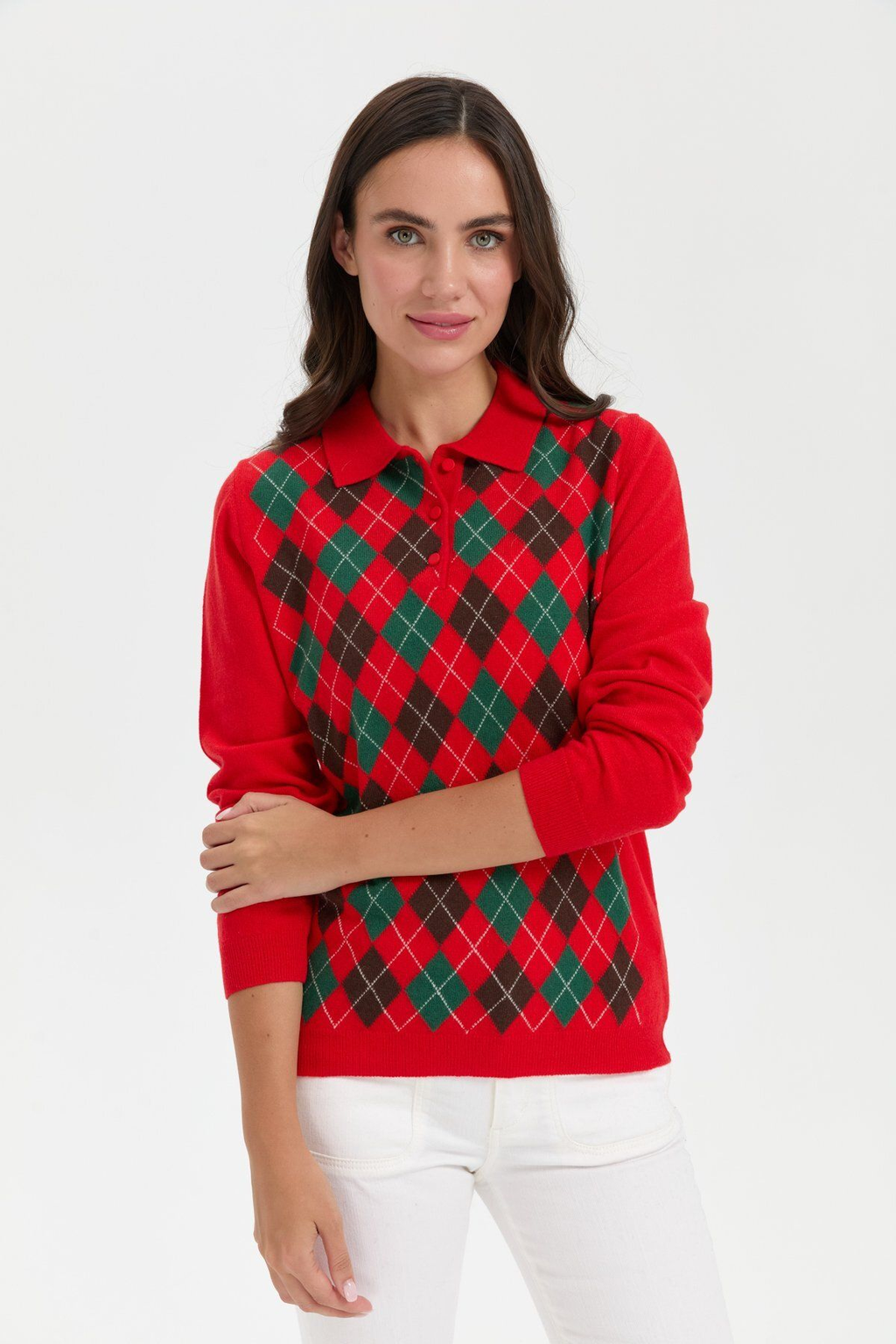 Desen Kadın Kazak - Polo Yaka Uzun Kol Minimalist Argyle Desen
